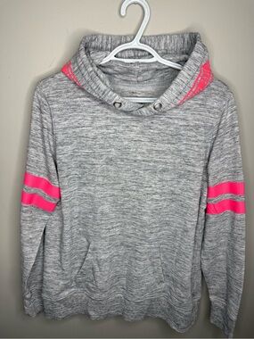 Warehouse One Gray Heather Pullover Hoodie with Pink Sleeve Stripes XL